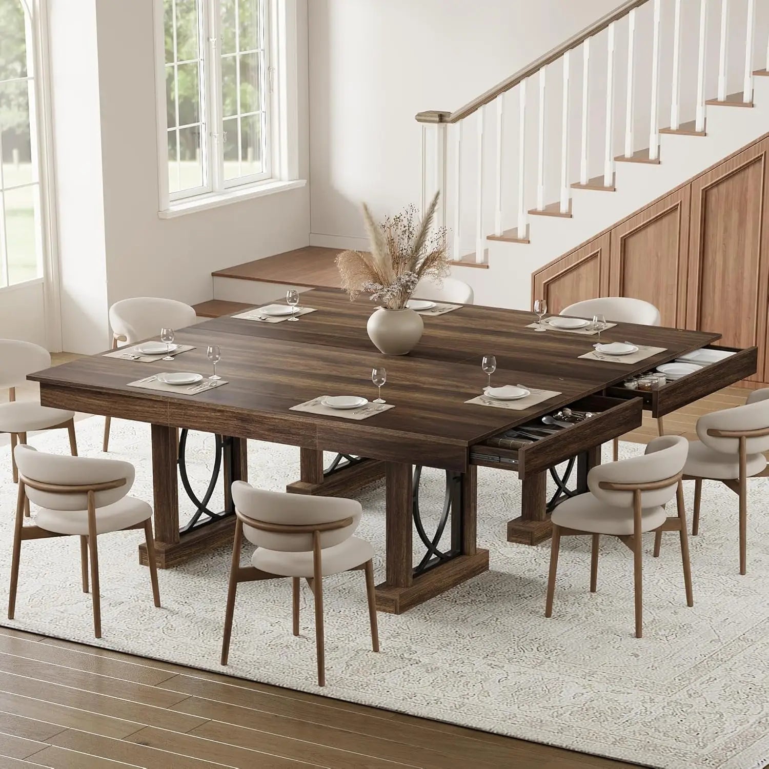 Mesa de cocina rectangular de madera con doble pedestal y tablero grande, mesa de comedor para 6-8 personas con 2 cajones, nogal