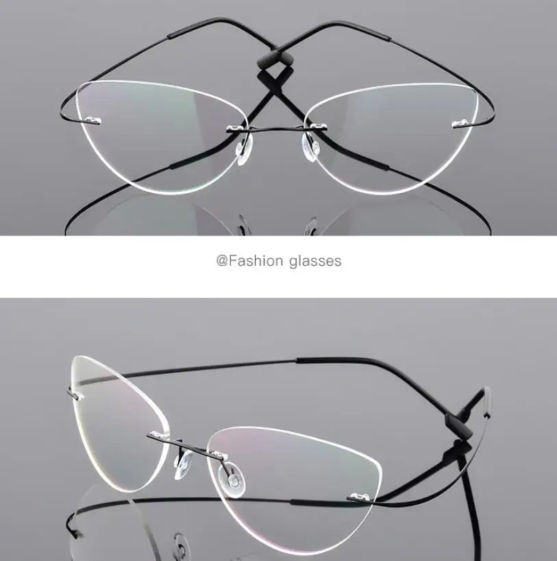1.61 index Lens Frameless Cat Eye Myopia Eyeglasses Ultralight Rimless Blue Light Blocking Prescription Glasses -0.5 -0.75 to -6