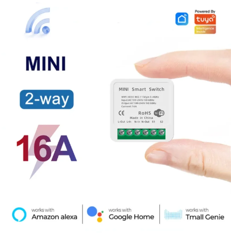 Tuya Mini Interruptor WiFi de 16A, Módulo de Automatización de Casa Inteligente, Control de 2 Vías con App Smart Life, Funciona con Alexa y Google Home