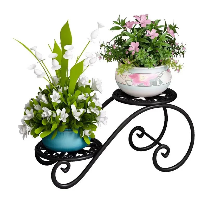 Estante para plantas de hierro de dos niveles, soporte de suelo para balcón, estantería minimalista para macetas de interior, estante para plantas colgantes