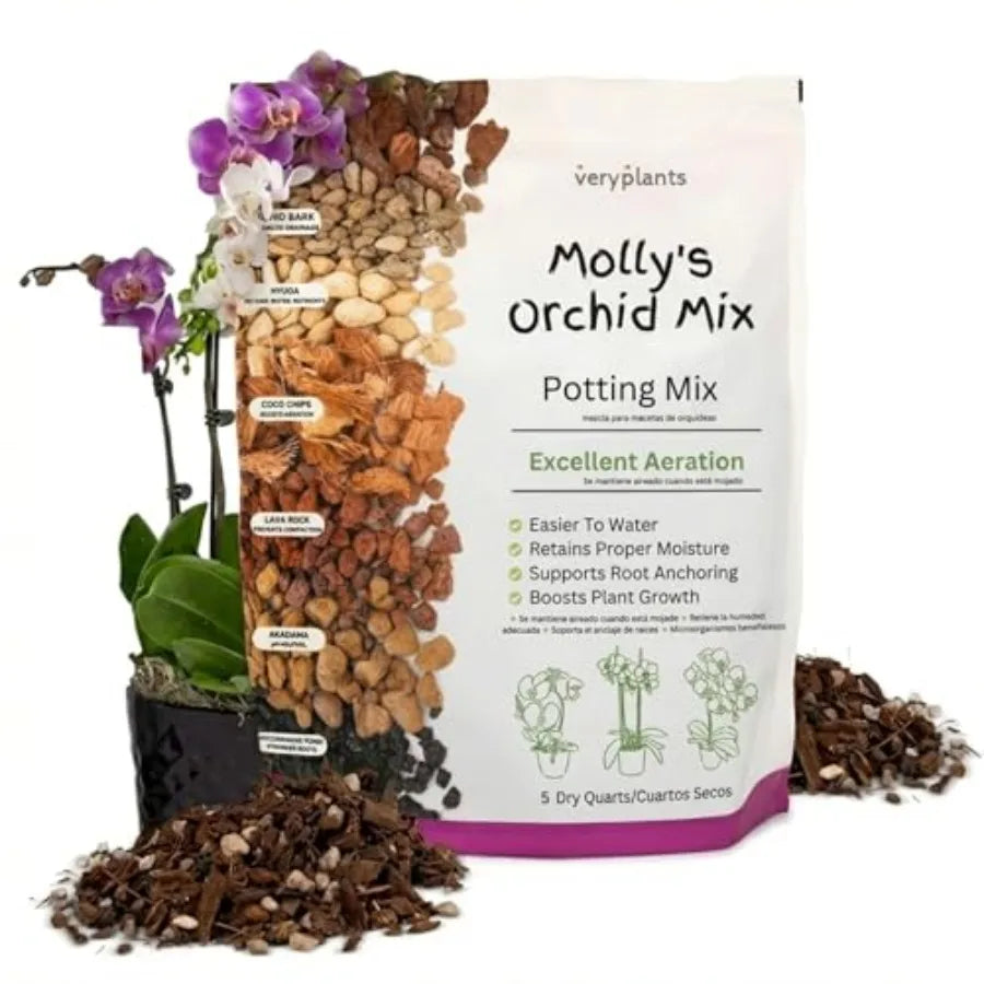 Mezcla de orquídeas Molly's - Sustrato premium para orquídeas sin tierra - Drenaje elevado y grumoso vs. tierra para macetas estándar para plantas de interior