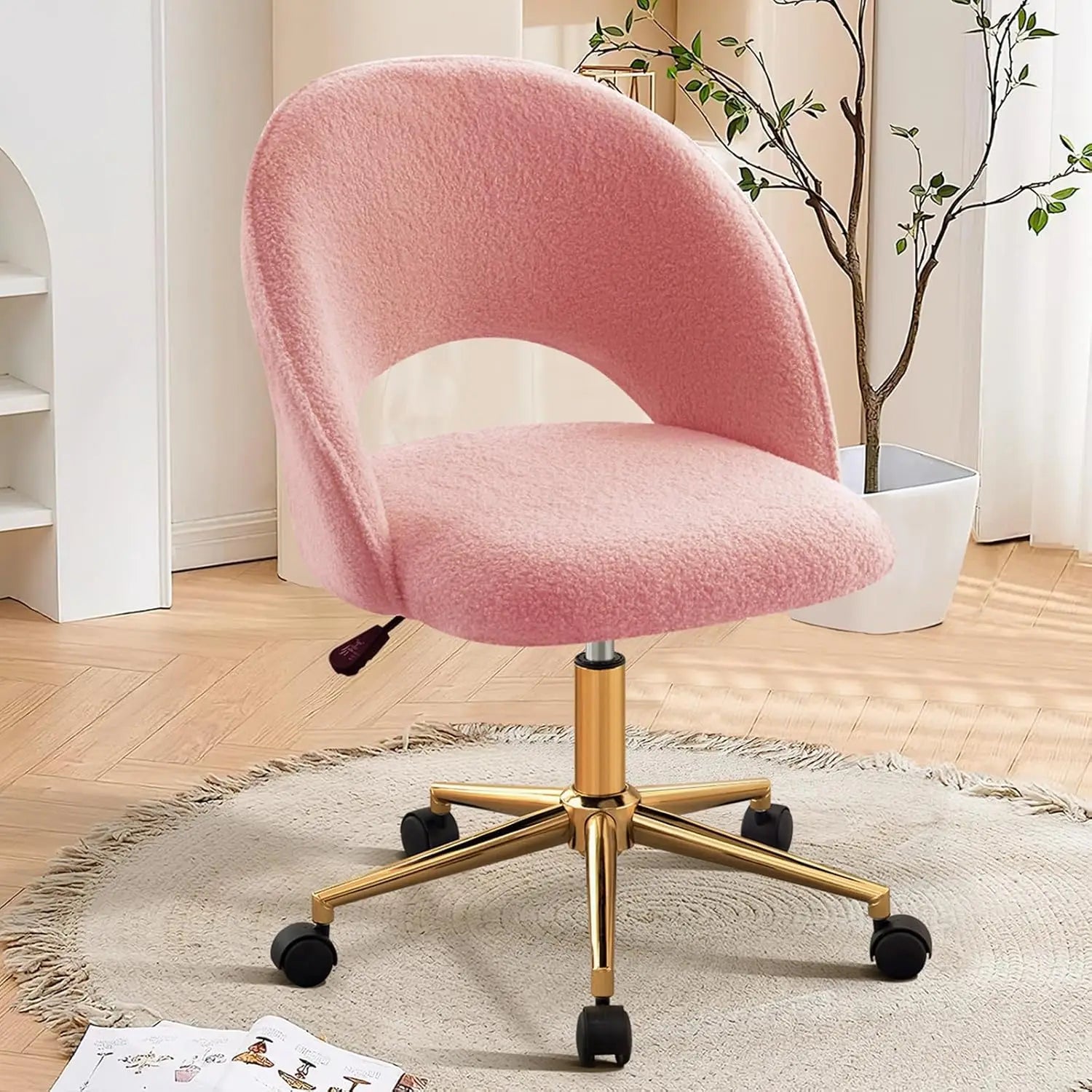 Silla de tocador con respaldo, bonita silla de escritorio con ruedas para niñas, silla decorativa tapizada sin brazos con altura de metal dorado