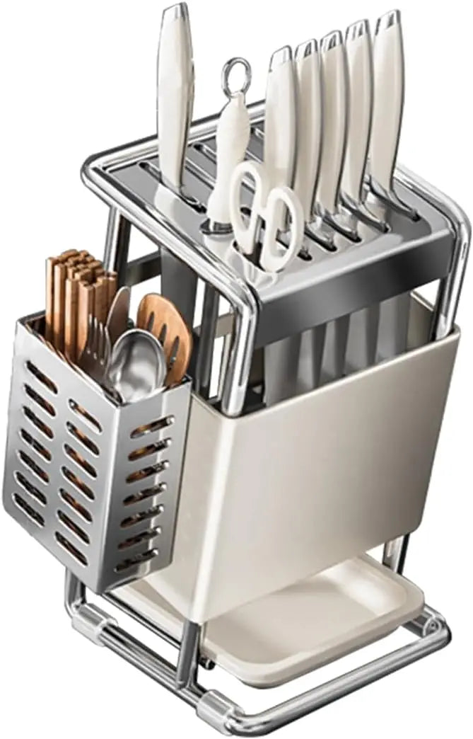 Bloque de cuchillos con bandeja de drenaje, soporte para cuchillos sin cuchillos, decoración de estante de cuchillos de almacenamiento de cocina, soporte de cuchillos inclinado