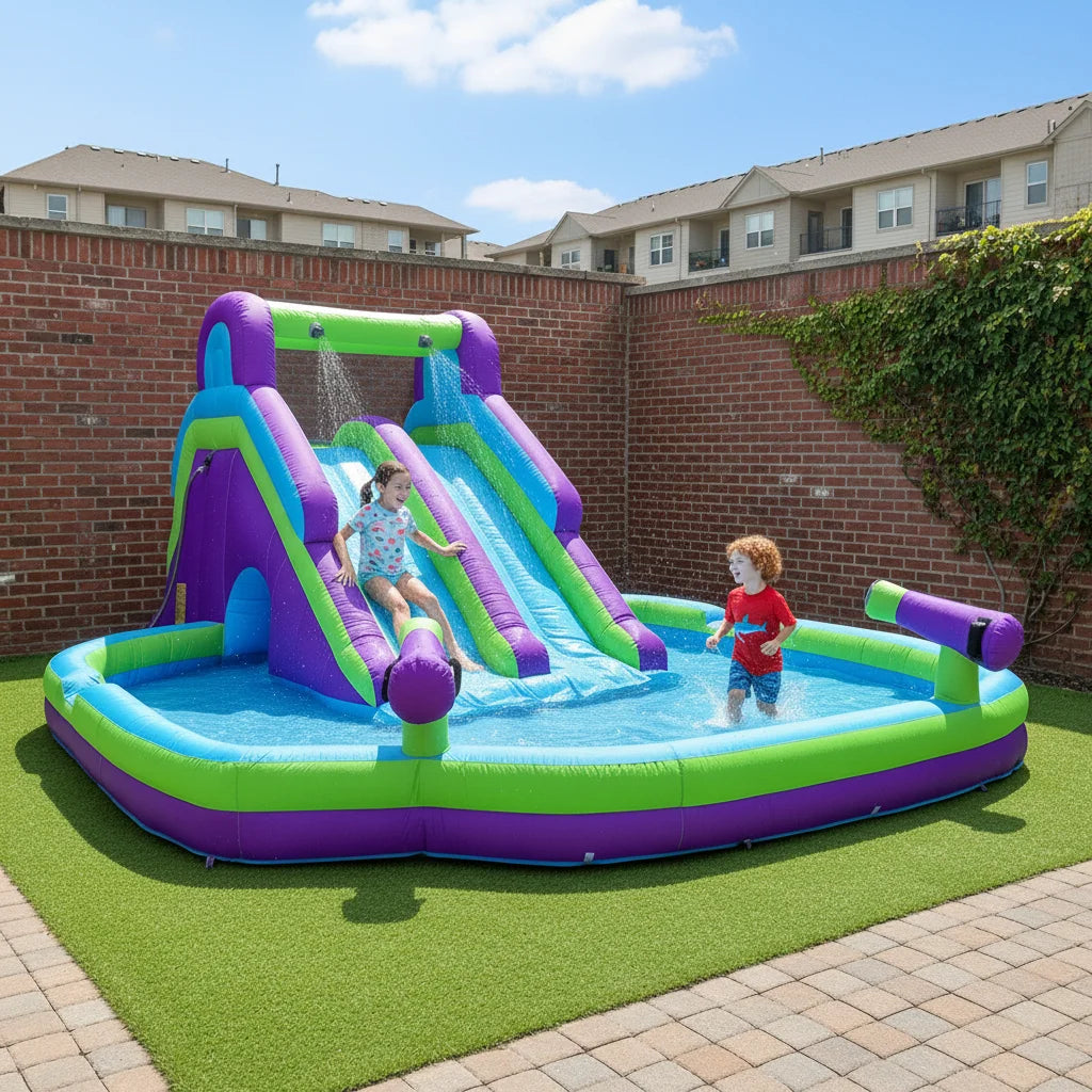 Tobogán acuático hinchable doble  Tobogán acuático hinchable de gran calidad con piscina para adultos y niños Incluye soplador Juego acuático para exteriores