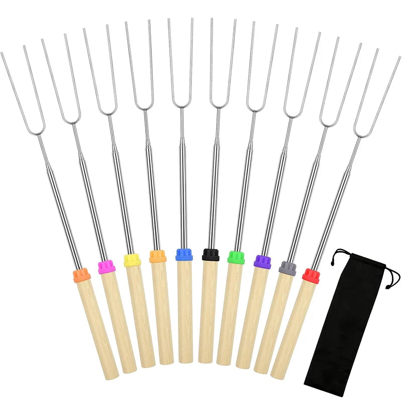 5 Pinchos para asar malvaviscos extensibles de 32 pulgadas de largo, brochetas de metal para barbacoa con mango de madera, para camping al aire libre, fogatas
