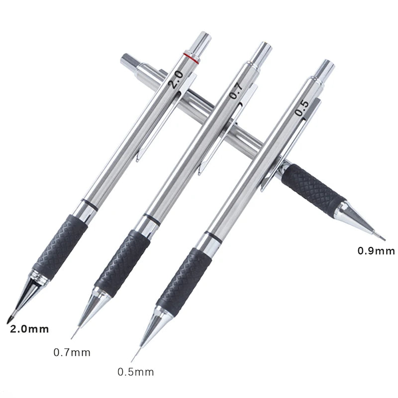 Juego de portaminas metálicos con empuñadura, minas, suministros de oficina para estudiantes, dibujo artístico, portaminas automático de 0.5/0.7/0.9/2.0 mm