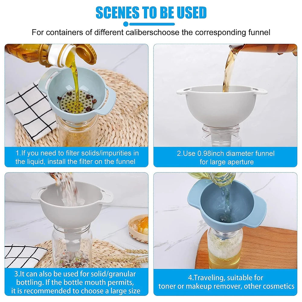 Embudo de cocina 4 en 1 para rellenar botellas, embudos de cocina con filtro colador desmontable, embudo de aceite de grado alimenticio sin BPA