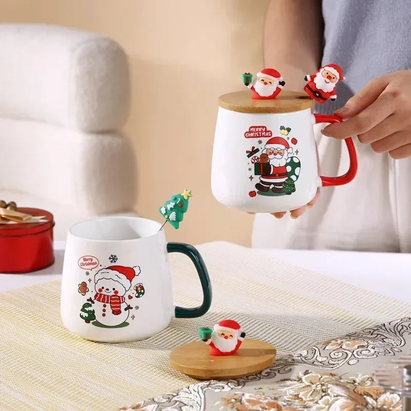 New Year Festive Christmas Xmas Theme Ceramic Mug Cup Set with Lid and Spoon Christmas Gift Box Mug Coffee Milk Tea Breakfast