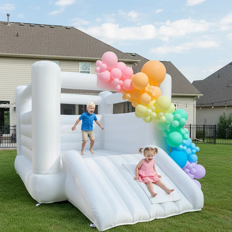 Castillo hinchable blanco de 3,6 m para niños, regalo de cumpleaños, interior, exterior, suave, hinchable, con soplador, personalizable