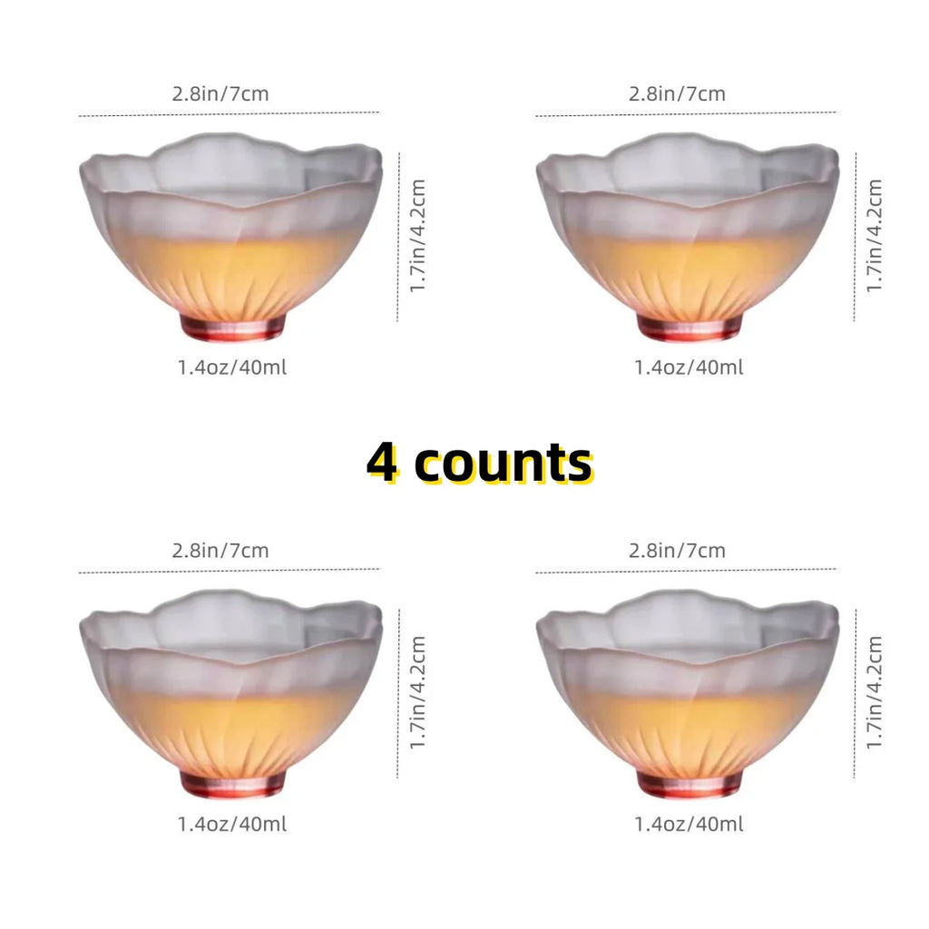Juego de 4 tazas de té japonesas de cristal esmerilado rosa Sakura, dama de cristal rosa, taza de té con diseño de flores, taza de té, taza con diseño de pétalos
