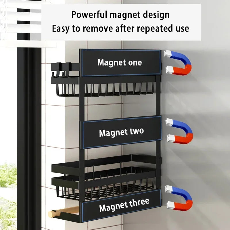 Estante magnético para nevera, tubo de papel de cocina, soporte para film transparente, estante para especias, estante de almacenamiento en el lateral del refrigerador