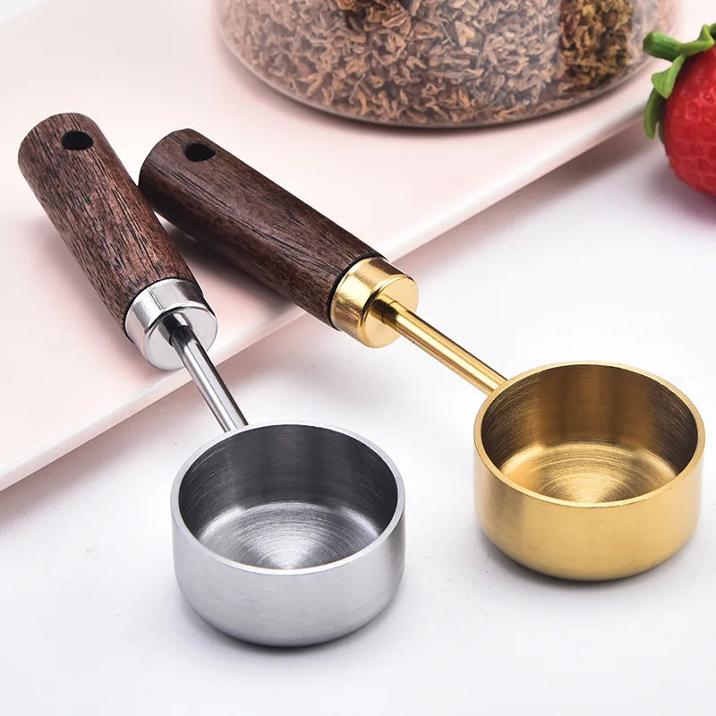 Cuchara medidora de acero inoxidable de 15 ml, cuchara de café con mango de madera para azúcar, polvo, granos de café, utensilios de cocina.