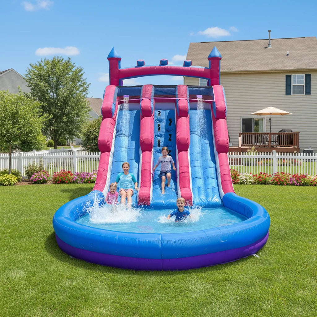 Tobogán Acuático Hinchable Doble Deslizador Rosa-Púrpura, Piscina Hinchable Grande, Tobogán Acuático Hinchable Exterior Interior de Grado Tobogán Acuático