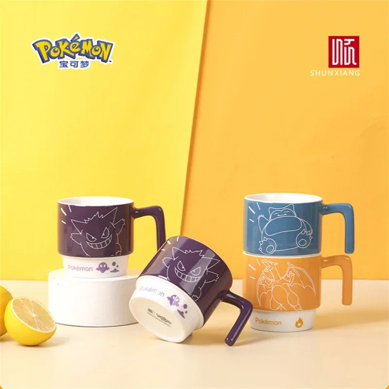 SHUNXIANG Tazas de cerámica con licencia de Pokémon Snorlax Apilables Kawaii Anime Taza de leche y zumo para desayuno para niños y niñas Regalos para el hogar