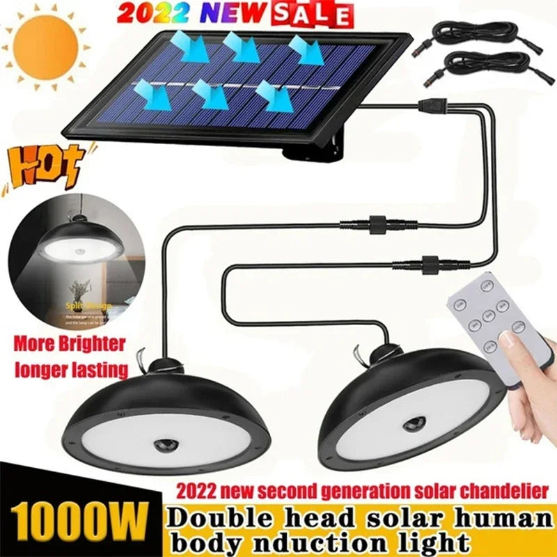 Lámpara colgante de doble cabeza LED solar para exterior, impermeable, con control remoto, para cobertizo interior, granero, tejado