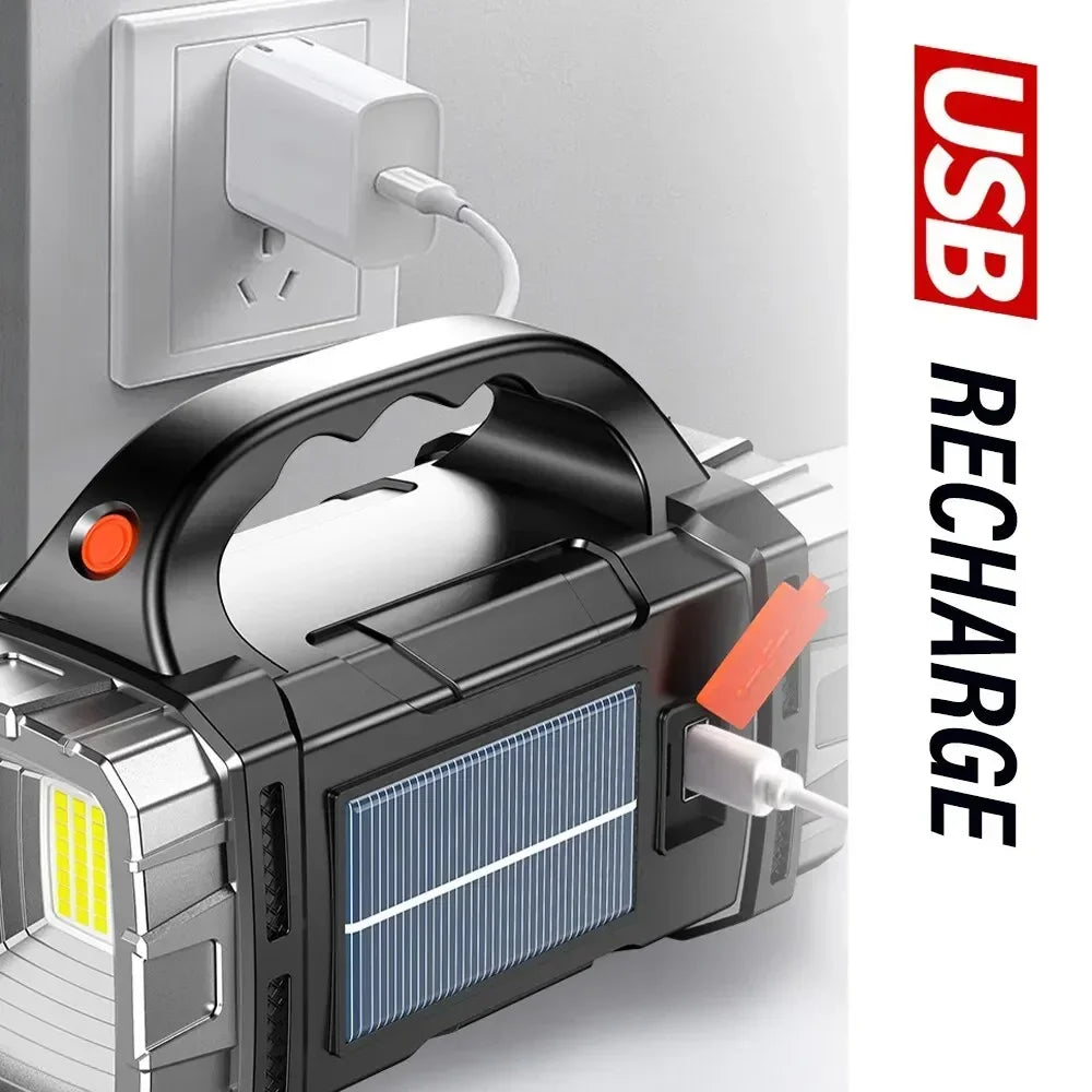 Linternas portátiles potentes recargables por USB con luz LED solar y luz de trabajo COB de 4 marchas para cargar teléfonos móviles y lámparas de camping.