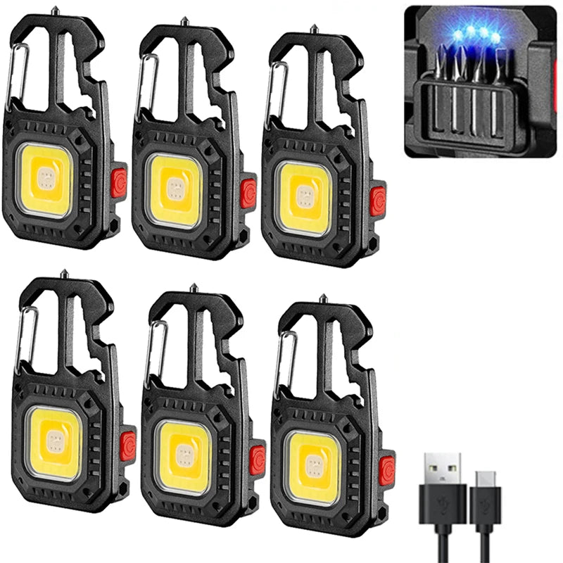 Linterna de trabajo portátil Mini LED tipo llavero Linterna de bolsillo recargable por USB Lámpara de camping al aire libre con martillo rompeventanas abridor de botellas