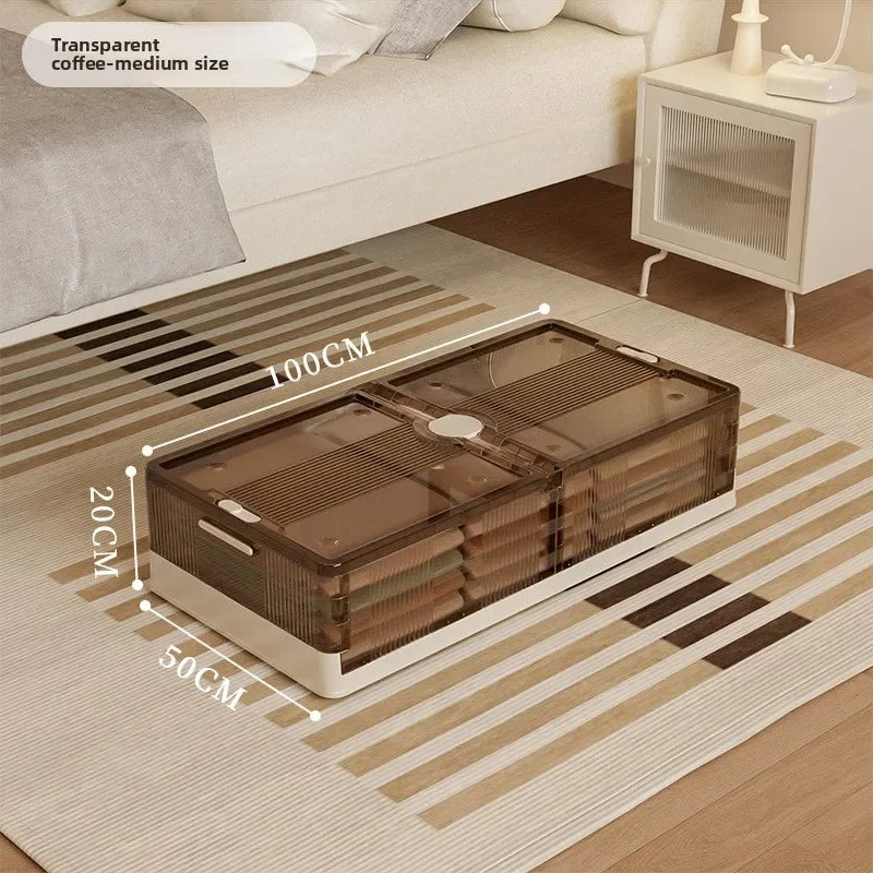 Caja de almacenamiento plegable debajo de la cama. Caja de almacenamiento transparente de plástico extragrande con ruedas a prueba de polvo. Caja organizadora de ropa y edredones.