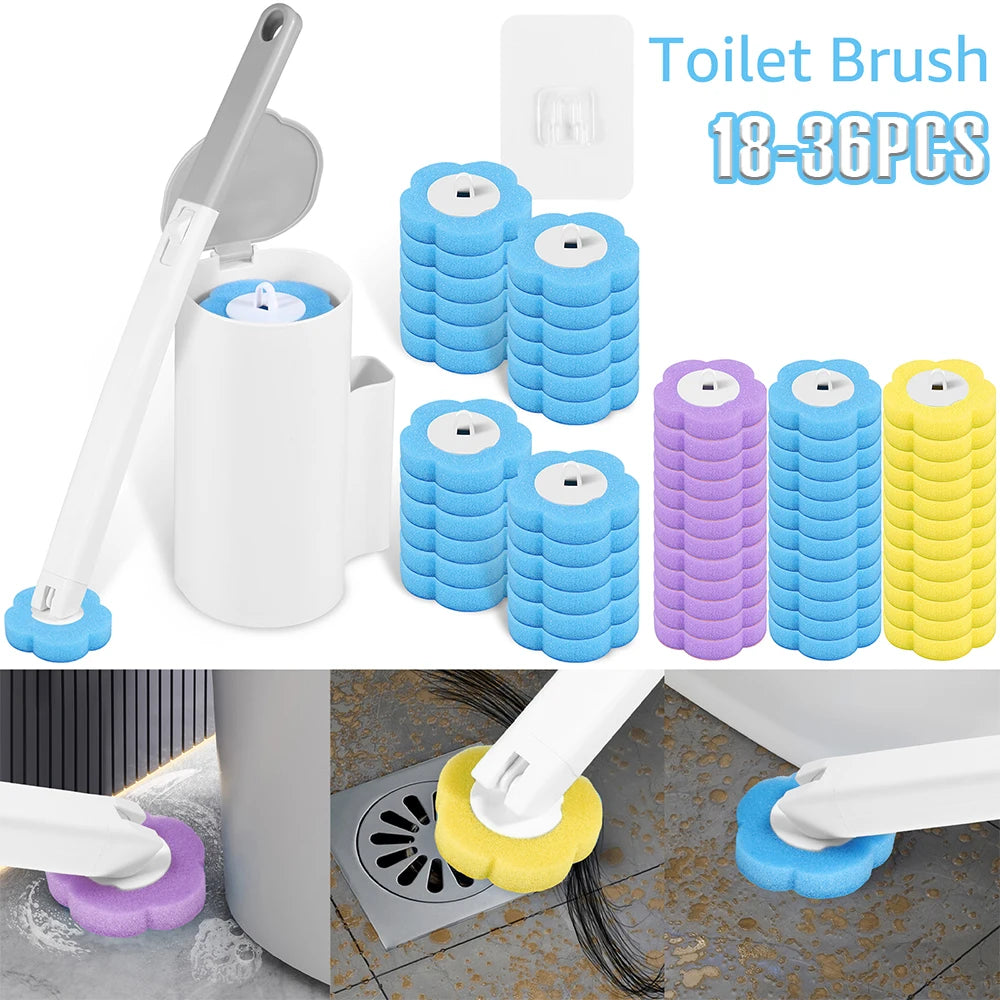 18-36 cepillos de inodoro desechables con mango extendido, soporte para cepillo de inodoro, kit de limpieza, cabezal de repuesto, limpieza profunda de 360°
