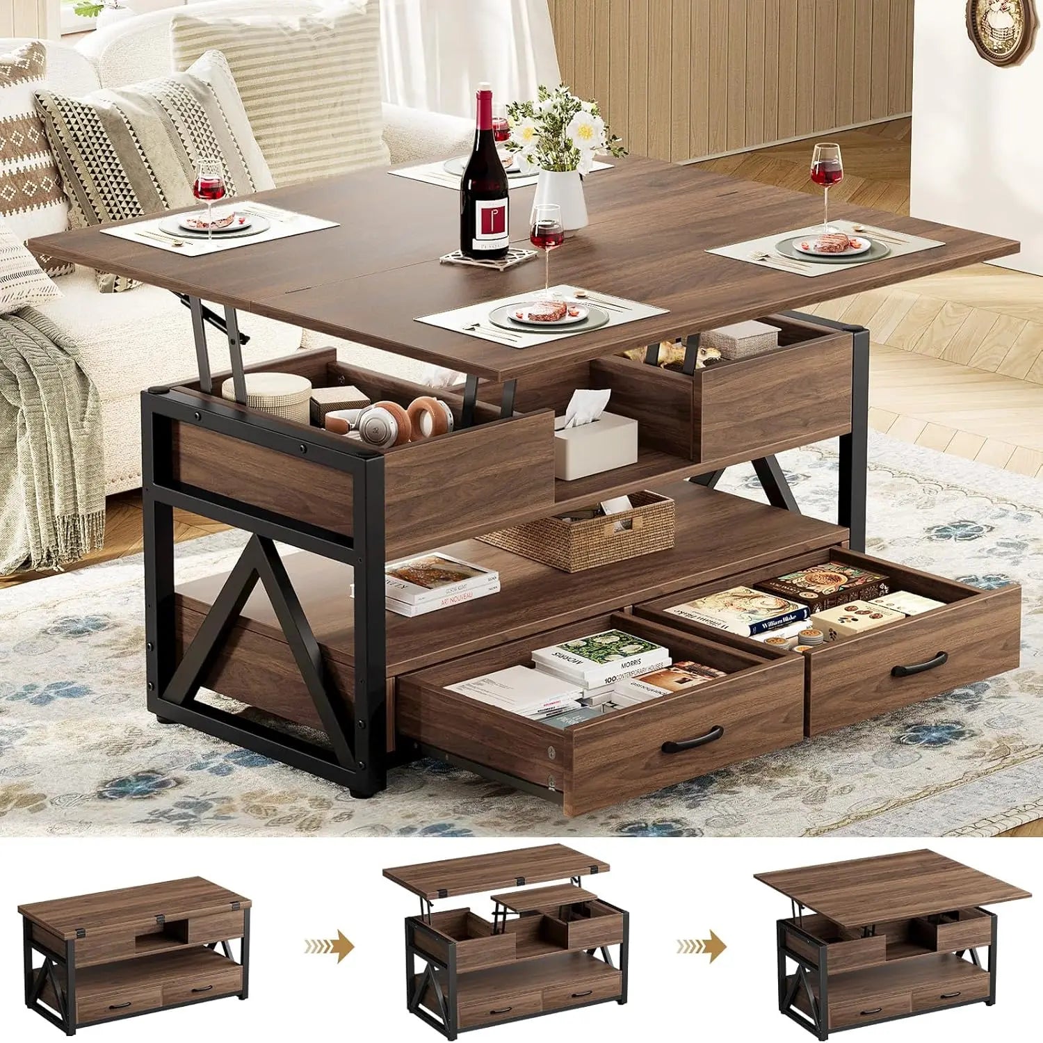 Mesa de centro elevable de 40", mesas de centro elevables multifuncionales 4 en 1 con cajones de almacenamiento y compartimento oculto, mesa de estilo rústico