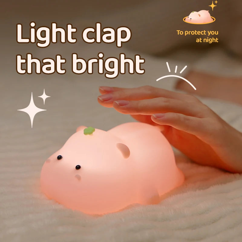 Luz de noche de hipopótamo rosa, linda luz de noche de silicona, carga USB, control táctil, lámpara de palmada, decoración de escritorio, lámpara de noche para niños, regalo