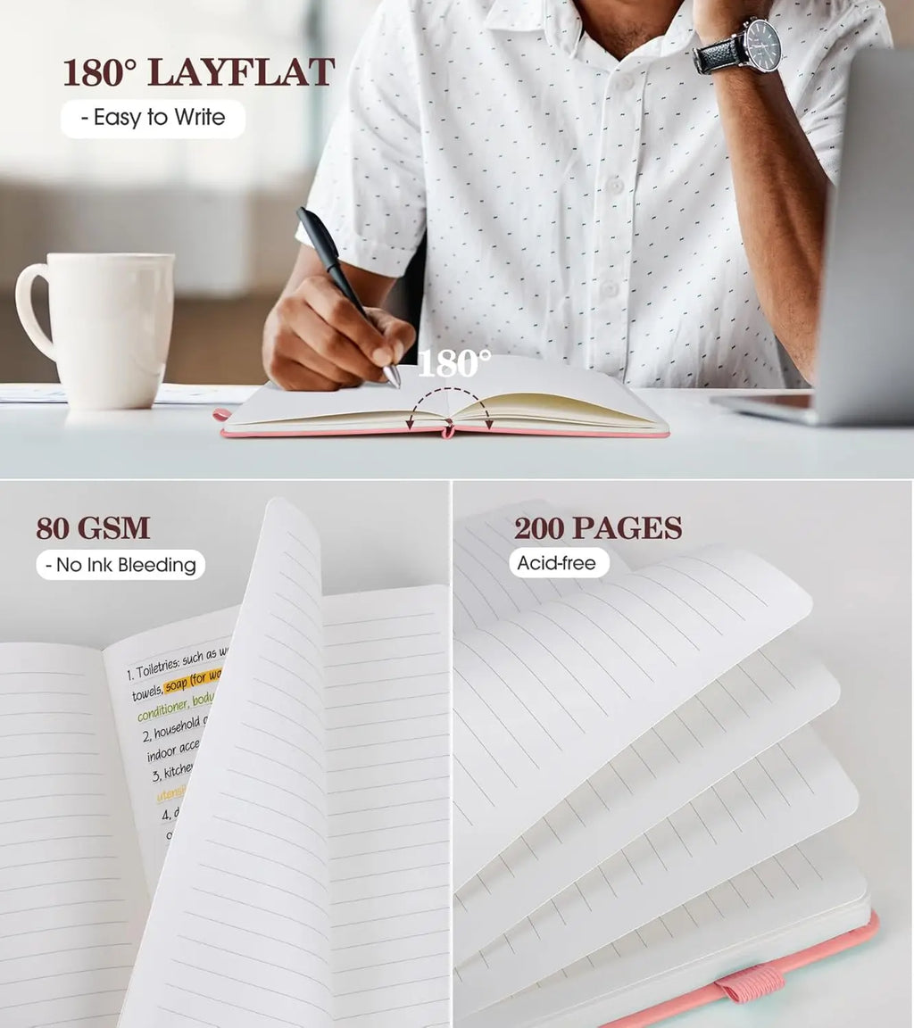 Cuaderno de piel con tapa dura A5 rosa para mujer, 200 páginas rayadas con cierre elástico, perfecto para escribir y viajar
