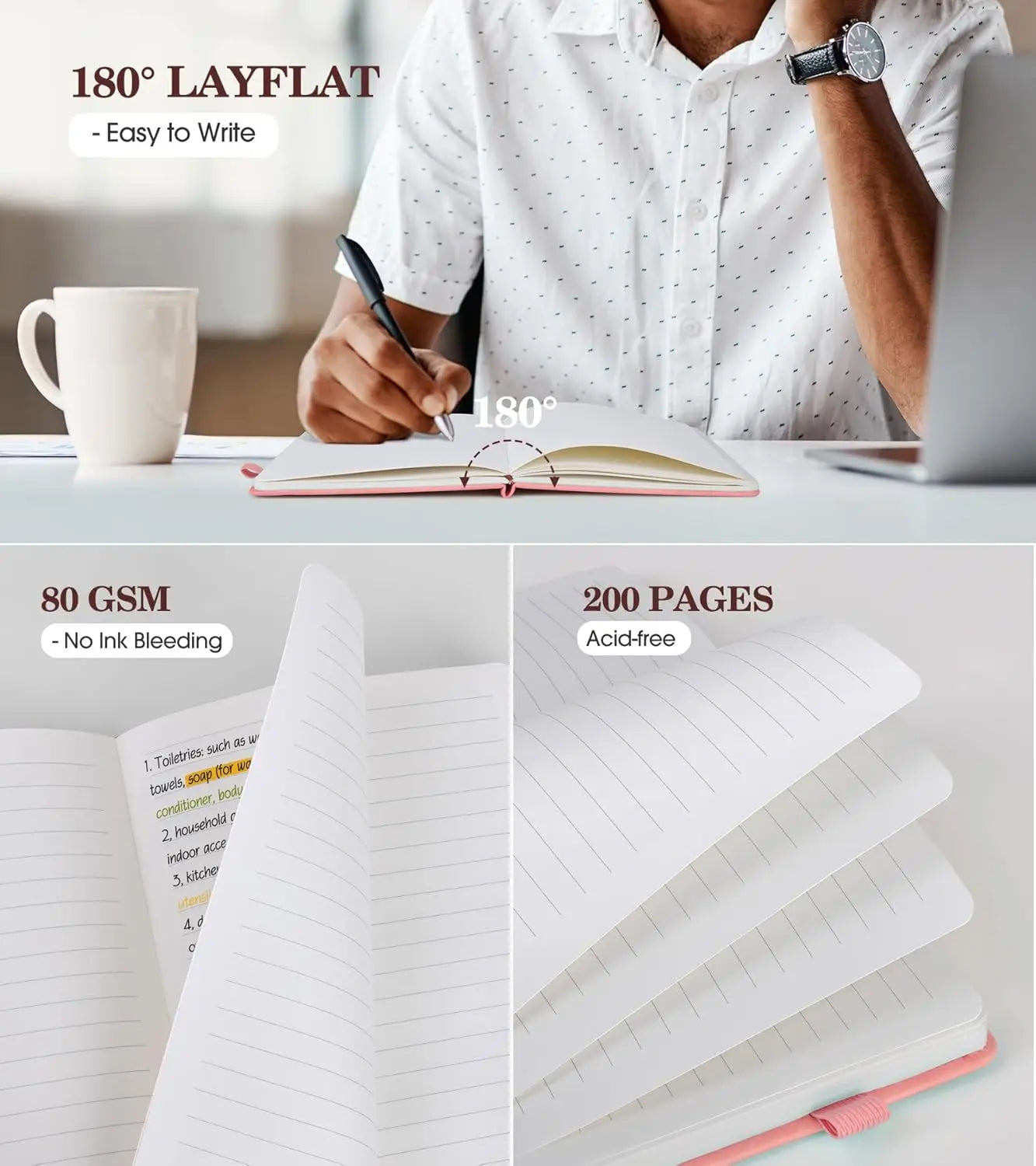 Cuaderno de piel con tapa dura A5 rosa para mujer, 200 páginas rayadas con cierre elástico, perfecto para escribir y viajar
