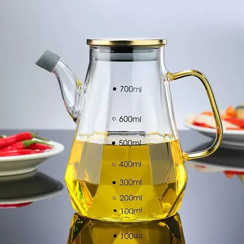 JUSTINLAU Ollas de aceite de vidrio de borosilicato alto Botella de aceite de diamante con escala Recipiente de almacenamiento de condimentos de vinagre de salsa de soja para cocina