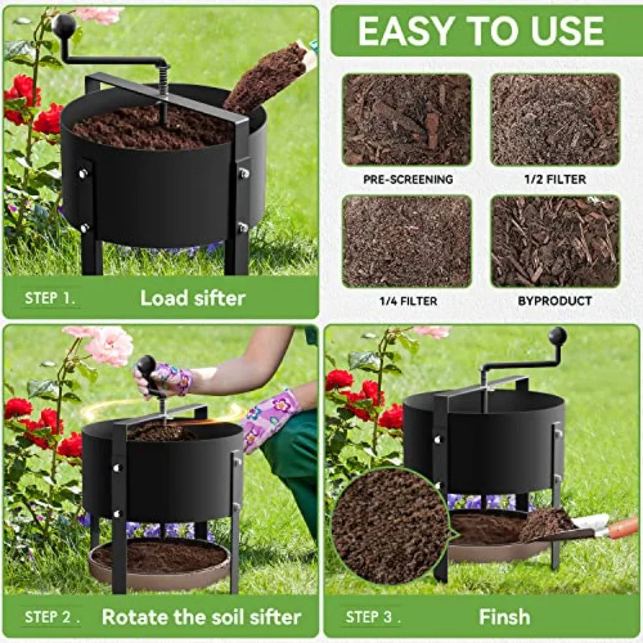 Criba rotatoria de suelo, tamiz de compost, malla de tamizado para jardín, criba de arena y rocas de 13 pulgadas con malla de 1/5 pulgadas
