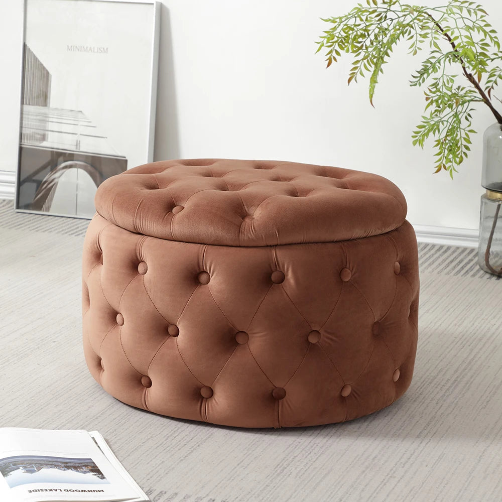 Puf otomano ovalado de terciopelo con capitoné moderno - Taburete reposapiés multifuncional con espacio de almacenamiento oculto para sala de estar o dormitorio