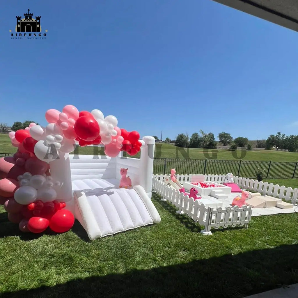 Castillo hinchable blanco de 3,6 m para niños, regalo de cumpleaños, interior, exterior, suave, hinchable, con soplador, personalizable