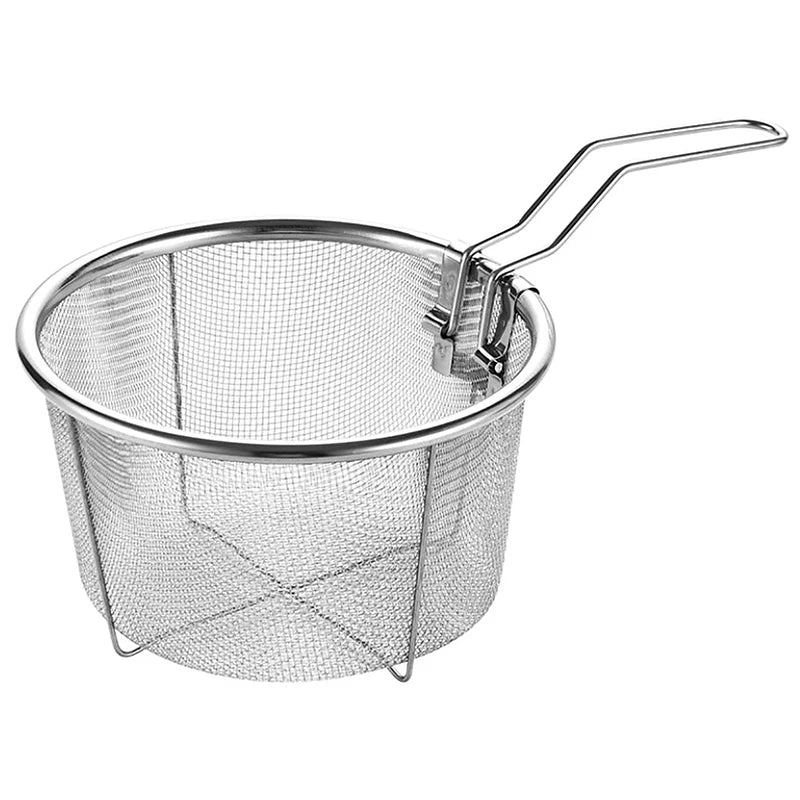 Cesta coladora para freír patatas fritas de acero inoxidable, cesta redonda para freír, malla de alambre con asa, colador de alambre