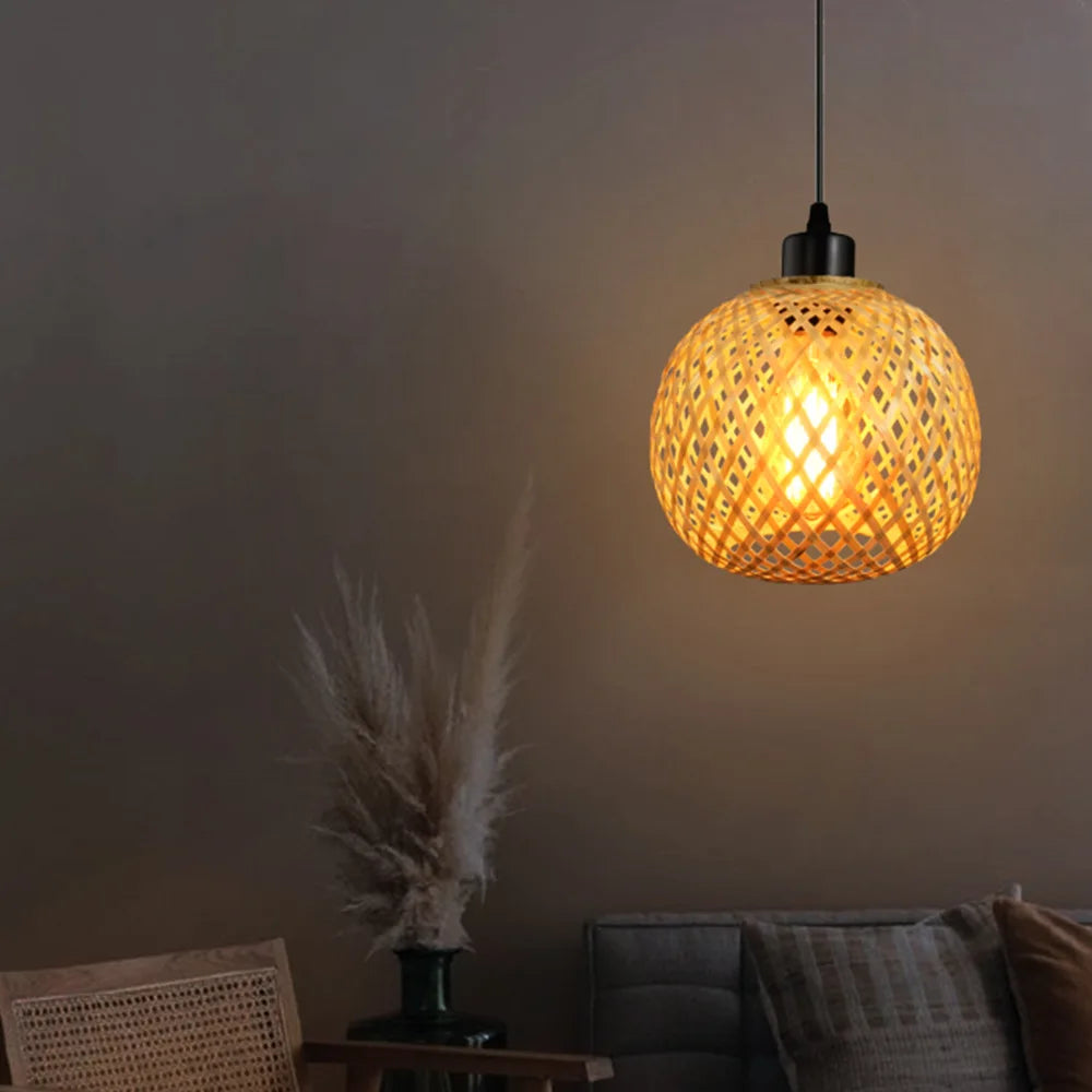 Lámpara colgante de bambú retro, araña tejida, lámpara colgante de ratán hecha a mano, accesorio de iluminación interior para restaurante y comedor