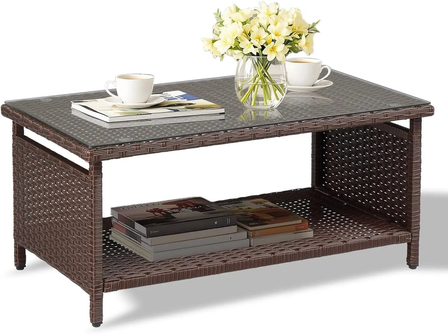 Mesa de centro de mimbre para exteriores, mesas de centro de patio para exteriores, mesa de mimbre con parte superior de vidrio templado con mesa de centro de almacenamiento para patio