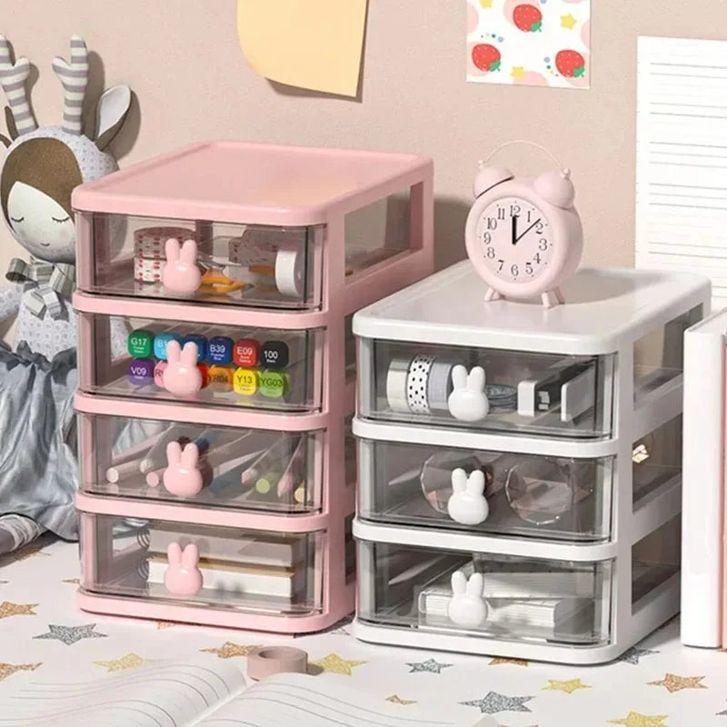 2-5 Layers Clear Stacking Drawer Organizer Multi-Tier PP Storage Box Cartoon for Office/Beauty Products, Modular Desktop System