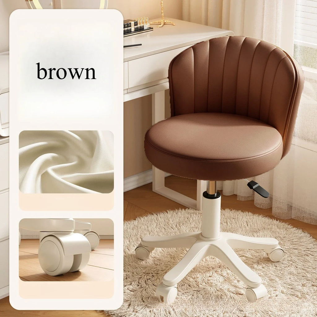 Silla giratoria 360° Taburete de maquillaje con altura ajustable Silla de tocador para dormitorio con ruedas Silla con respaldo Silla de tocador de cuero