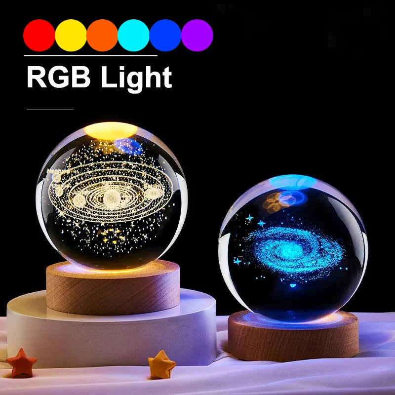 Lámpara de noche de 6cm Tema Solar Serie Cosmos Bola de Cristal Luces Nocturnas Vía Láctea Luna Pequeños Adornos para Escritorio Regalo Creativo RGB