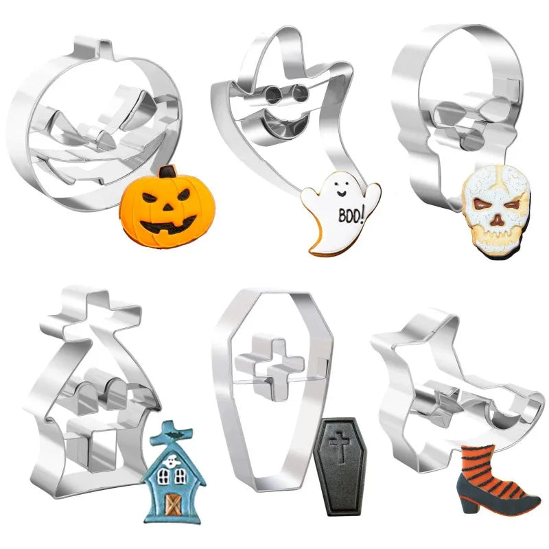 6 piezas Moldes cortadores de galletas de Halloween de acero inoxidable Fantasma Calabaza Calavera Ataúd Moldes para hornear Magdalenas Chocolate Galletas