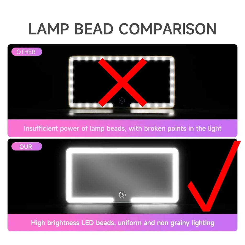 Espejo de maquillaje LED HD para coche, visera solar, espejo interior de coche para niñas y mujeres, luz de relleno recargable, espejo de tocador delgado universal