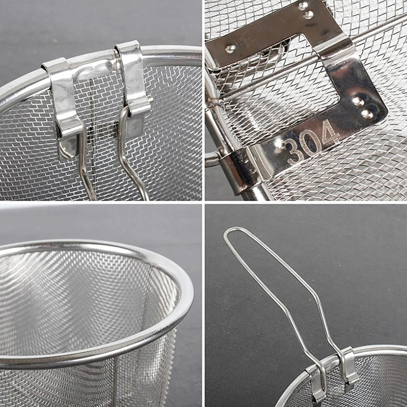 Cesta coladora para freír patatas fritas de acero inoxidable, cesta redonda para freír, malla de alambre con asa, colador de alambre
