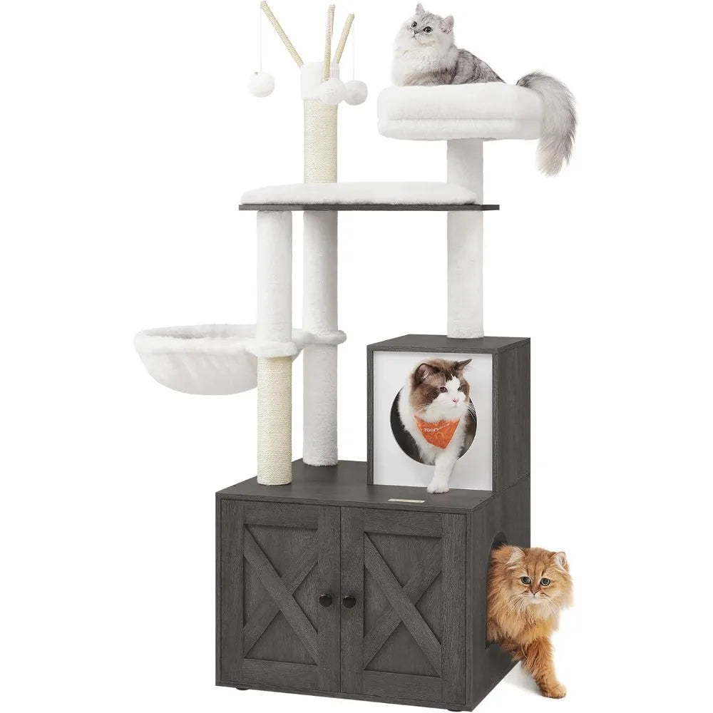 Árbol para gatos con arenero oculto, torre moderna para gatos de 59 pulgadas, condominio 2 en 1 con postes rascadores, cojín extraíble lavable