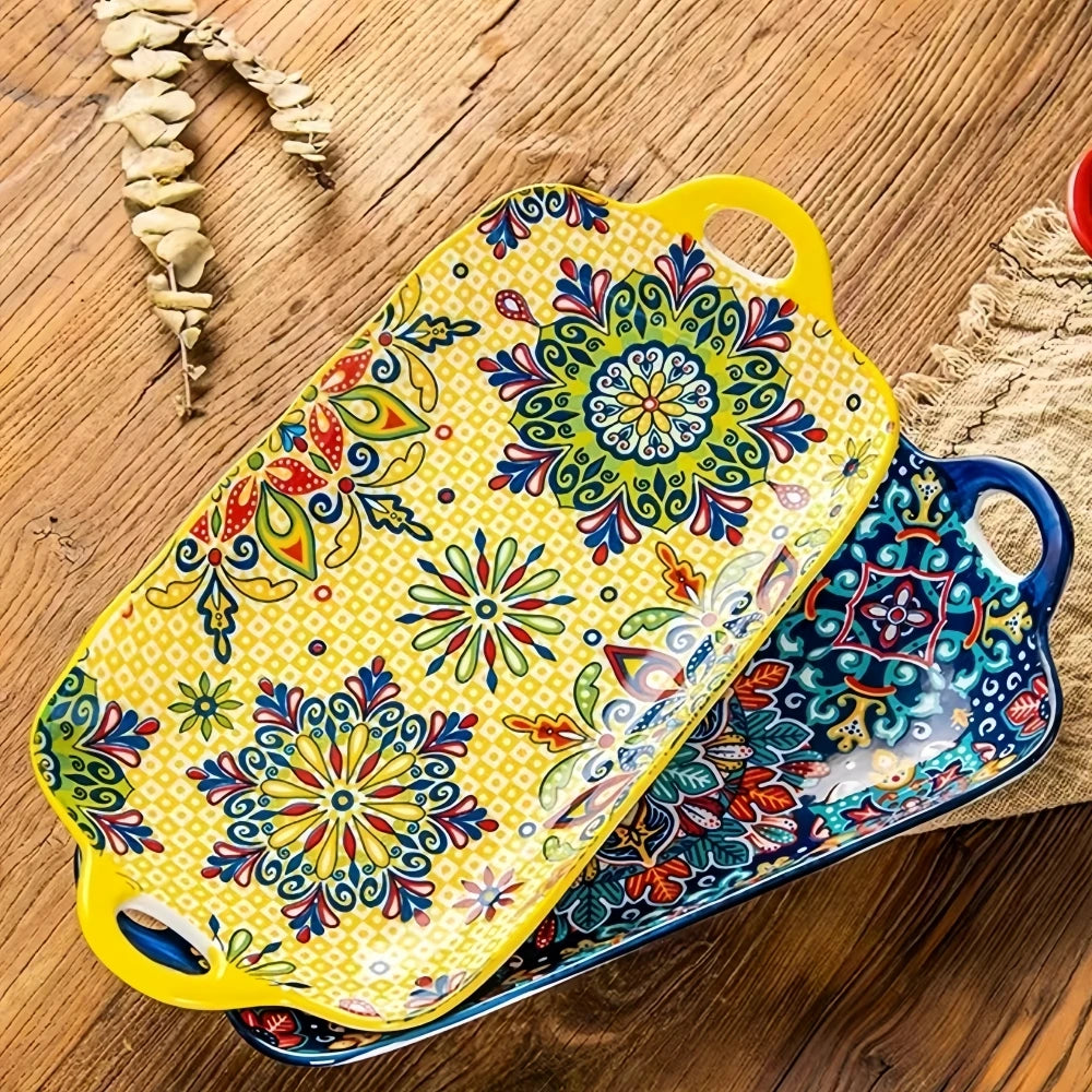 1 plato de pescado de cerámica estilo bohemio con asa: bandeja rectangular de 32,5 cm para mesa de comedor, apta para microondas y horno
