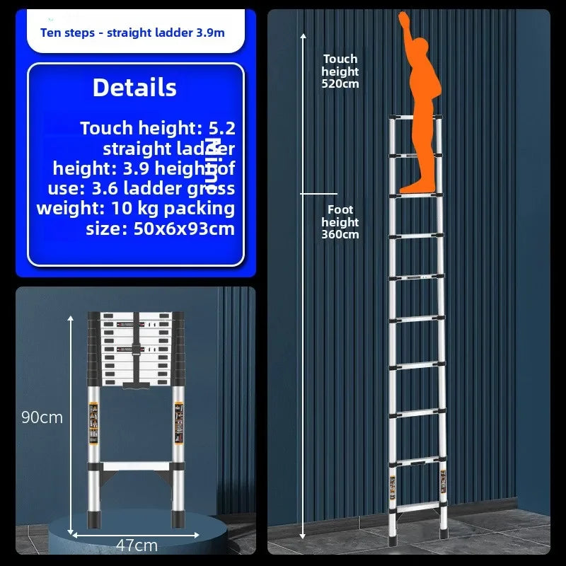 Escalera telescópica de acero inoxidable engrosada, escalera recta plegable tipo espiga, escalera portátil para el hogar