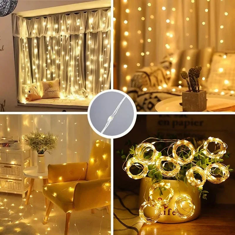Luces de hadas LED tipo cortina de guirnalda 3M, luces de cadena, fiesta de Navidad, boda, decoración, USB, control remoto, 8 modos, iluminación de cascada