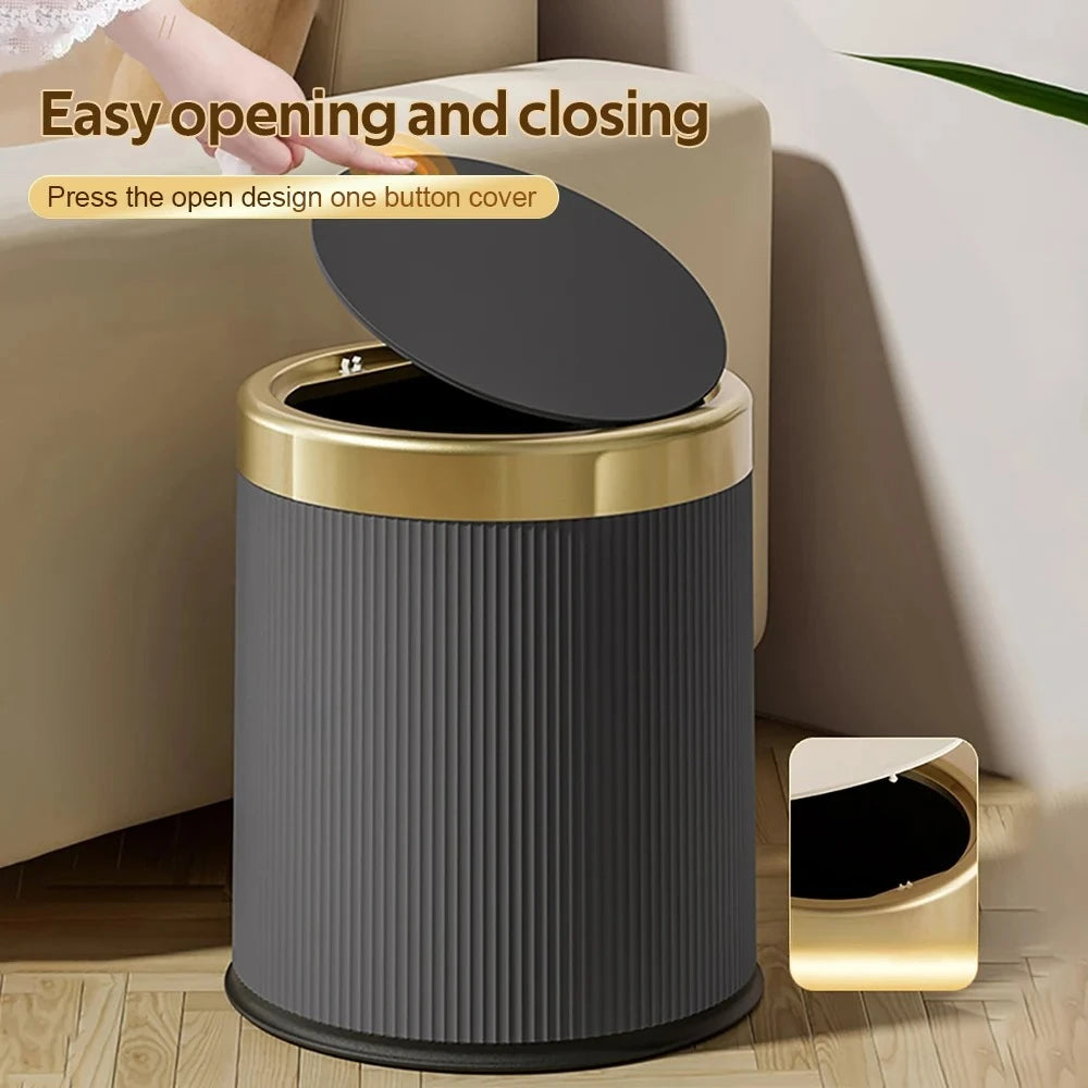 Cubo de Basura con Tapa, Tipo Prensa, Estilo Lujo Ligero, para Oficina, Sala de Estar, Baño, Papelera Redonda con Cubo Interior Extraíble