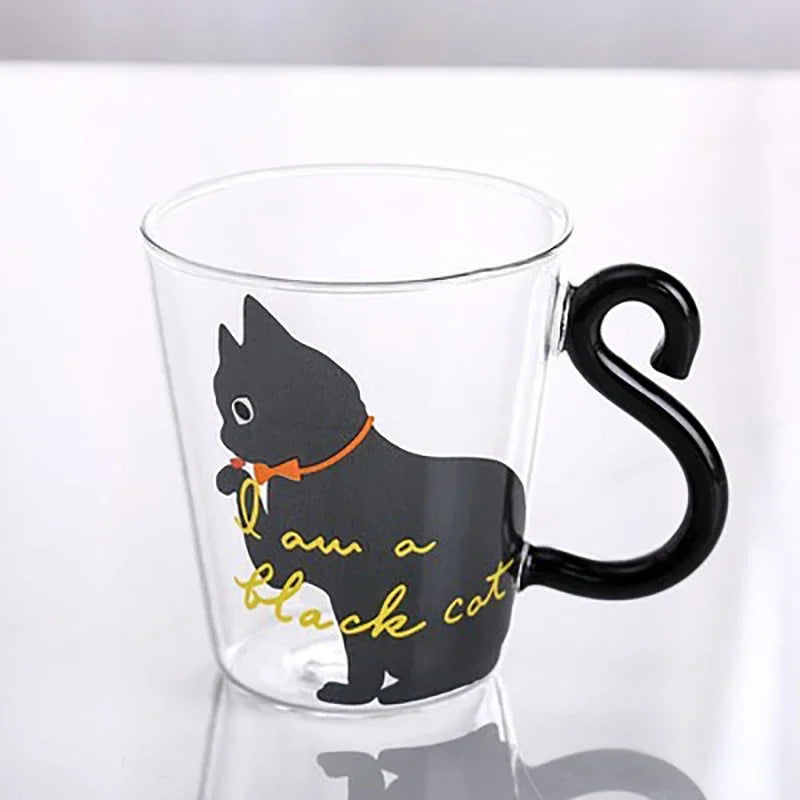 JUSTINLAU Taza de café con cola de gato 3D 250ml Taza de agua de vidrio de borosilicato alto resistente al calor Taza de leche para desayuno en casa para amantes de los gatos