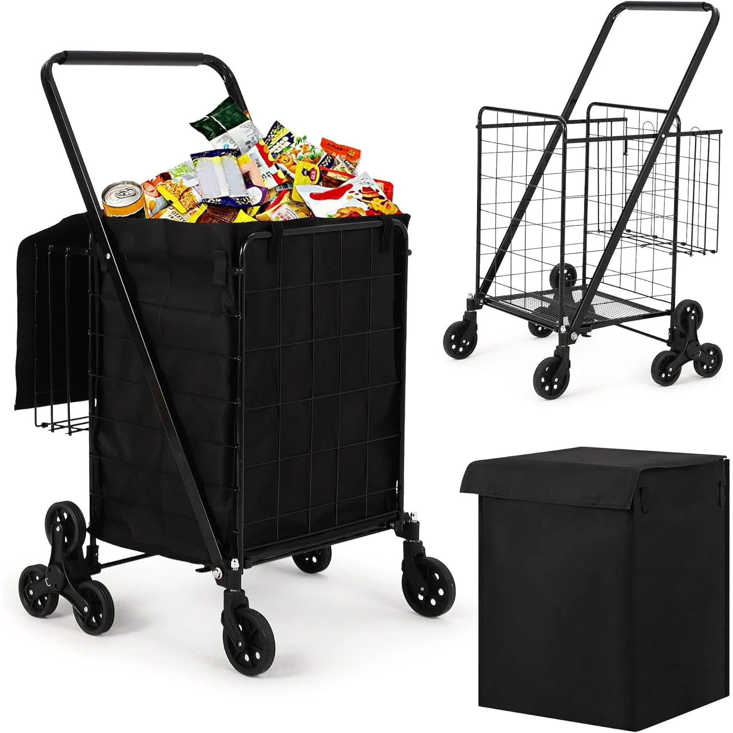 Carro utilitario plegable portátil para subir escaleras, carrito de compras con ruedas traseras triples y ruedas giratorias 360° para compras