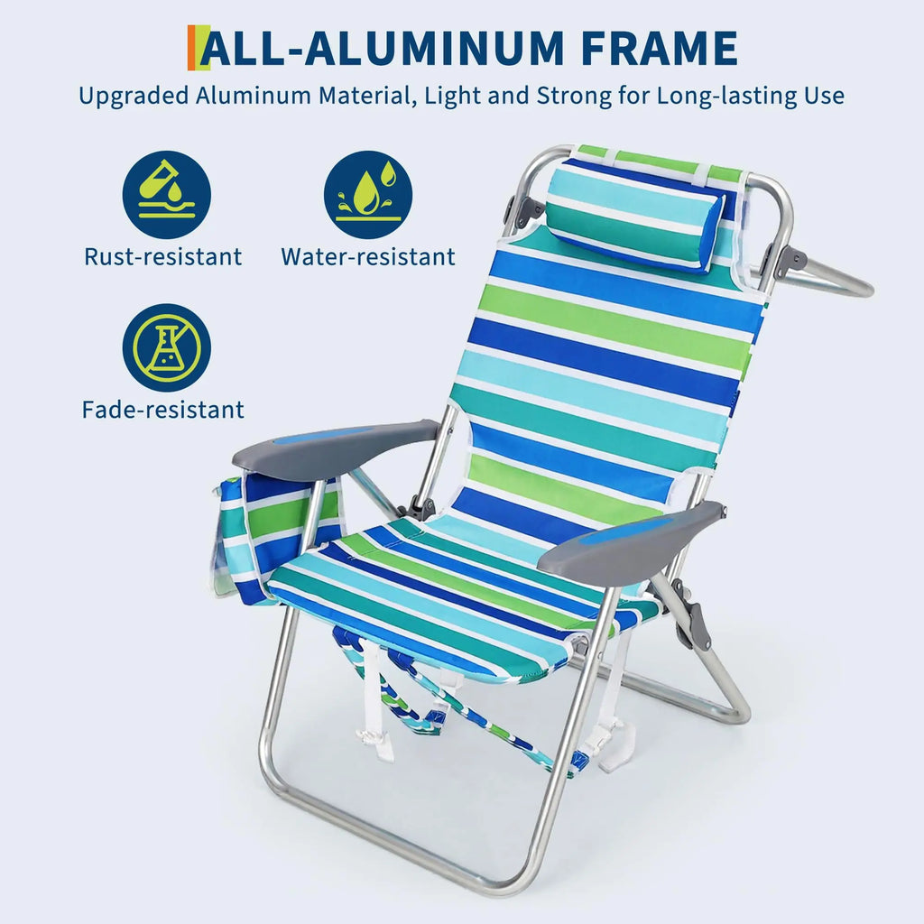 Paquete de 2 sillas de playa altas con mochila, silla de camping plegable plana, ligera, portátil, para exteriores, con bolsa nevera y portavasos