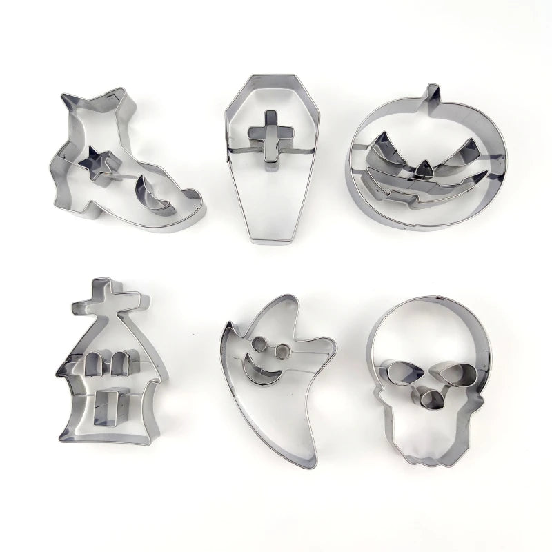 6 piezas Moldes cortadores de galletas de Halloween de acero inoxidable Fantasma Calabaza Calavera Ataúd Moldes para hornear Magdalenas Chocolate Galletas