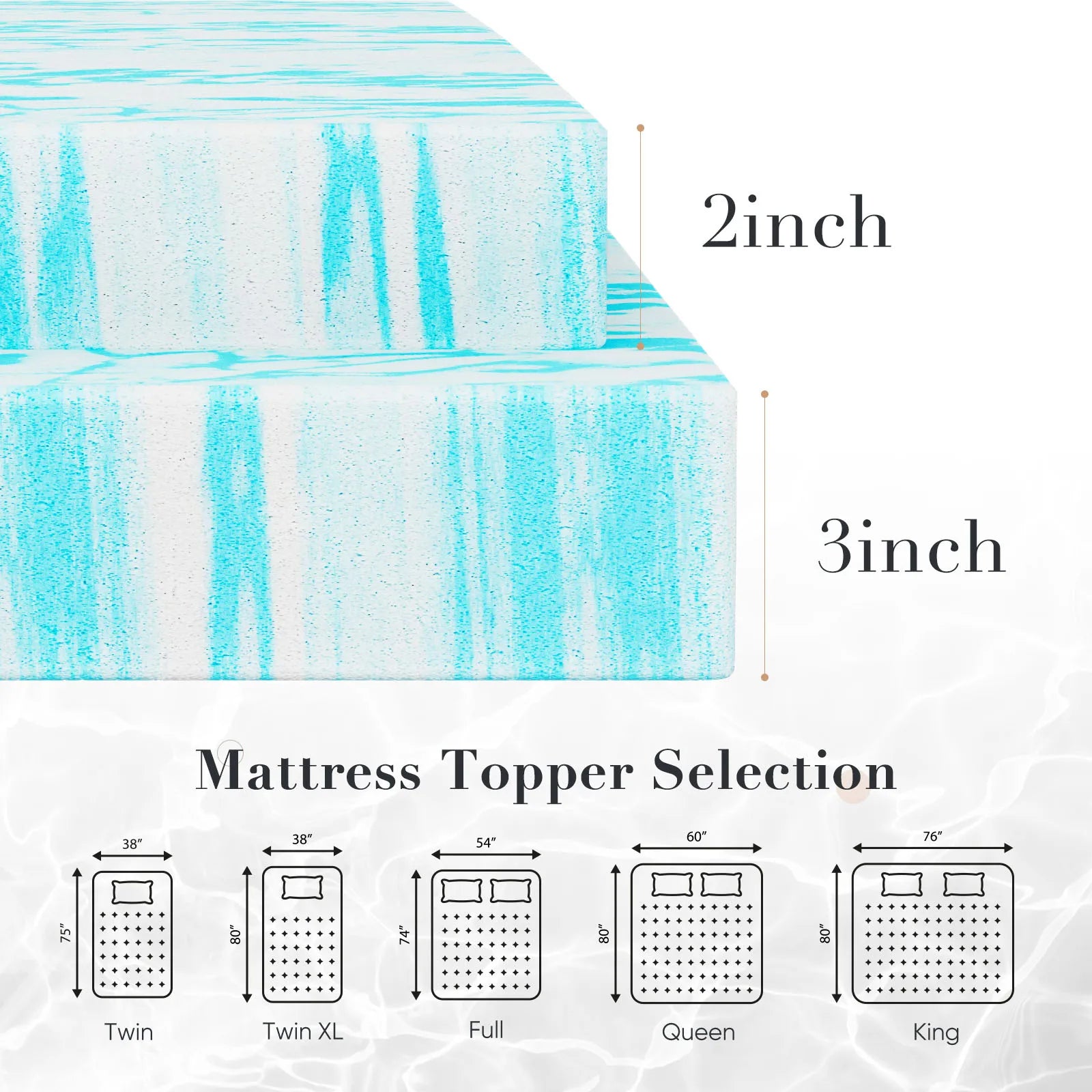 JHK Topper de colchón de espuma viscoelástica de gel de 2-3 pulgadas tamaño matrimonial, colchón refrescante, suave y transpirable, muebles para dormitorio escolar